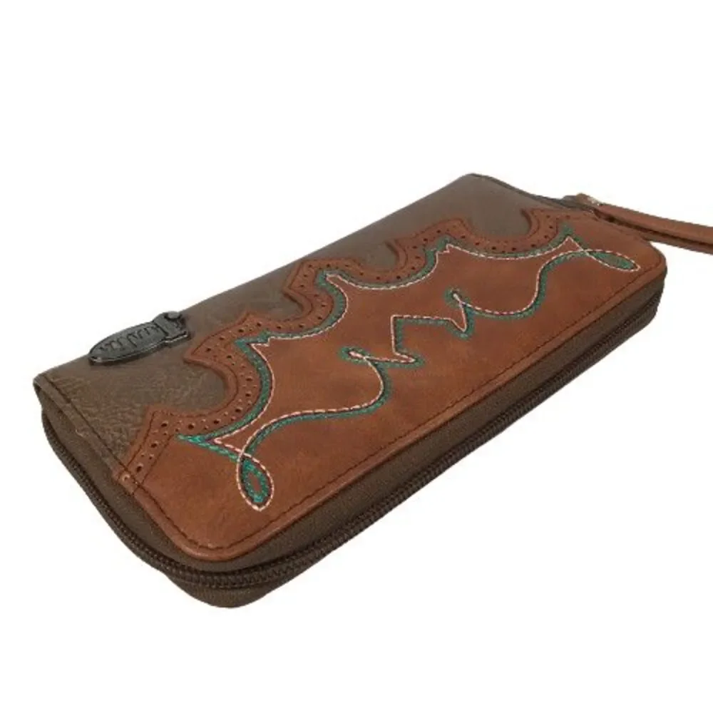 Justin Women Wallet Western Wristlet Clutch Brown Teal Embroidery Zip Around New